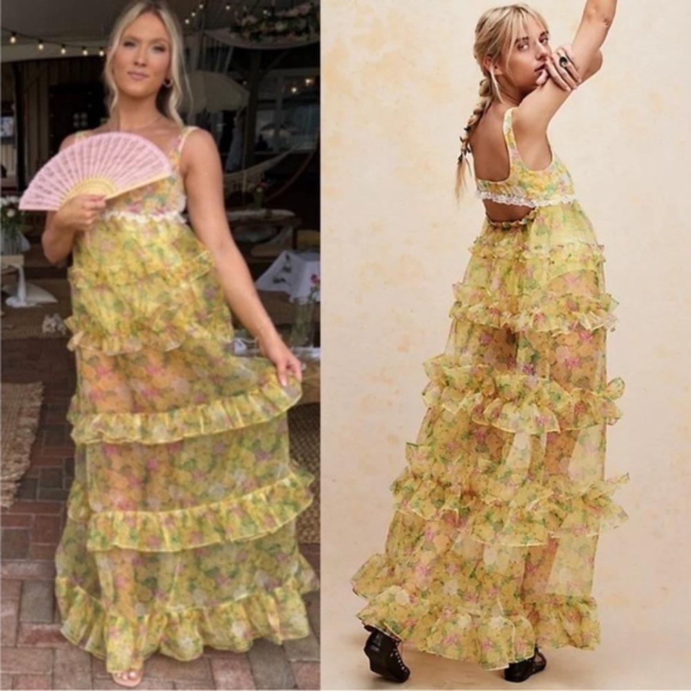 For Love & Lemons Vikki Sheer Tiered Floral Maxi Dress Yellow Lace Trim Medium